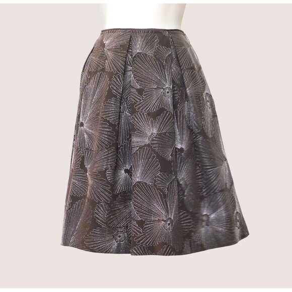 Talbots Skirt Womens 10P Petites Brown Pleated Floral Embroidery Pockets Silk - Picture 5 of 8